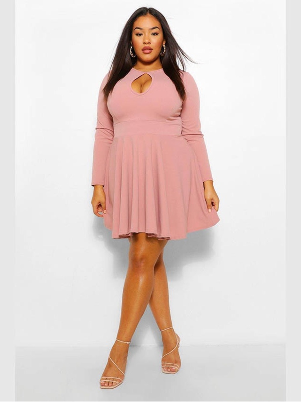 Boohoo Plus Size Pink Long Sleeve Fit & Flare Dress with Keyhole Neckline